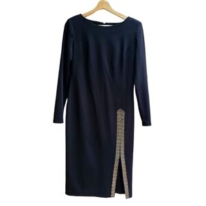 Calvin Klein Black Dress Dress with Crystal Detail, Front Slit, Size Small